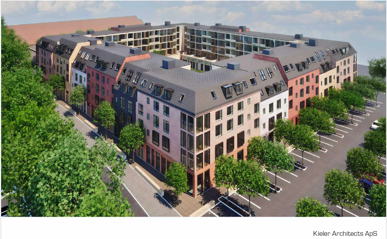 Visualisering af muligt, fremtidig projekt på Bredgade 48, Kalundborg: Byfortætning gennem karrébygning.